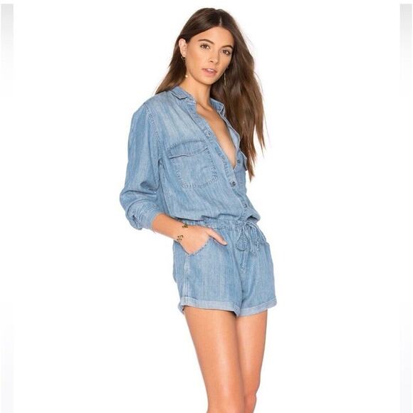 Rails Johnny Indigo Chambray Blue Romper XS Long Sleeve Tencel Linen - Picture 1 of 16